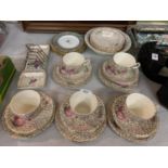 AN ASSORTMENT OF CERAMIC WARE TO INCLUDE FIVE FLORAL TRIOS, WEDGWOOD AND ROYAL DOULTON PLATES ETC