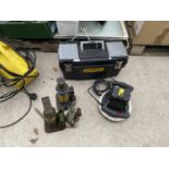 THREE BOTTLE JACKS, A HILKA CAR POLISHER AND A TOOL BOX