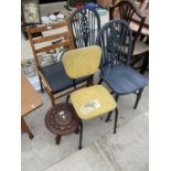 A TEAK FRAMED 1960'S CHAIR, PAIR OF WHEELBACK WINDSOR CHAIRS, A 1950'S KITCHEN CHAIR AND AN INDIAN