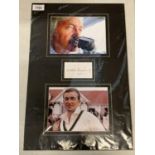TWO MOUNTED PHOTOGRAPHS OF AUSTRALIAN CRICKETER AND COMMENTATOR RICHIE BENAUD AND HIS AUTOGRAPH