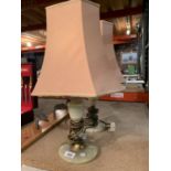 A PAIR OF DECORATIVE GLASS TABLE LAMPS WITH PINK SHADES