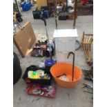 A LADDER, A STORAGE UNIT AND VARIOUS OTHER HAND TOOLS ETC