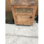 A VINTAGE HABERDASHERY CHEST WITH THREE MINIATURE DRAWERS AND A FURTHER LARGE STORAGE SECTION