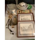 AN ECLECTIC ASSORTMENT TO INCLUDE TWO FRAMED PRINTS, TWO CERAMIC TUREENS AND A GLASS DISH ETC