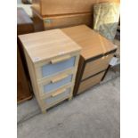 A SMALL MODERN OAK CHEST OF THREE DRAWERS AND A BEECH EFFECT FILING CABINET WITH TWO DRAWERS