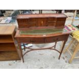 A REDPRODUCTION YEW WOOD LADIES WRITING TABLE, THE TOP HAVING SIX SMALL DRAWERS, SMALL CENTRAL