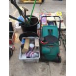 AN ASSORTMENT OF GARDEN TOOLS TO INCLUDE A BOSCH ELECTRIC LAWN MOWER