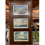 A LARGE WOODEN FRAMED TRIO OF PICTURES OF SAILING SHIPS