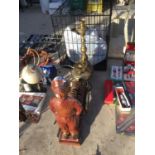 TWO BRASS LAMPS, A WOODEN CART WITH BRASS INLAY AND FIRE MATE