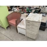 A LLOYD LOOM STYLE BEDROOM CHAIR, OTTOMAN AND A PAINTED SIX DRAWER CHEST