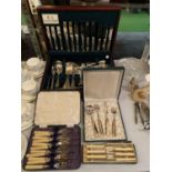 A WOODEN CANTEEN OF FLATWARE BY ARTHUR PRICE AND THREE FURTHER BOXES OF FLATWARE TO INCLUDE A FISH