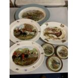 FOUR LARGE SERVING PLATES RELATING TO COUNTRYSIDE PURSUITS AND THREE WOODEN CIRCULAR CERAMIC WALL