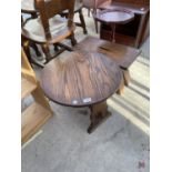 A SMALL OAK DROP LEAF OCCASIONAL TABLE, AN OAK STOOL AND A MAHOGANY WINE TABLE