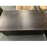 A BLACK WOODEN DEED BOX