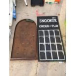 A SNOOKER ORDER OF PLAY BOARD AND A VINTAGE BAGATELLE GAME