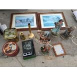 VARIOUS ITEMS TO INCLUDE TWO FRAMED PRINTS, TWO VINTAGE TINS AND FOUR FIGURES ETC