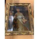 A SIGNED GILT FRAMED WATER COLOUR OF A WOMAN GATHERING ROSES SIGNED