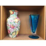 A LARGE CERAMIC VASE AND A FURTHER BLUE GLASS VASE