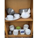 AN ASSORTMENT OF VARIOUS CERAMIC KITCHEN WARE TO INCLUDE A SIEVE AND GRATER ETC