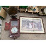 A CHIMING WALL CLOCK, A FRAMED PRINT AND A VINTAGE HOME CARPENTRY BOOK