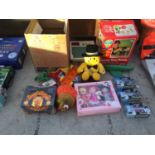 A QUANTITY OF NEW AND OLD TOYS TO INCLUDE MAN UTD SWEET DISPENSER AND CLASSIC CARS ETC