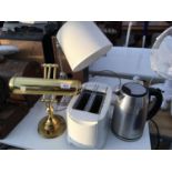 A BRASS DESK LIGHT, CHROME BARLEY TWIST DESK LAMP, TOASTER, KETTLE