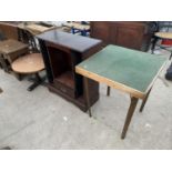 A COPPER TOPPED TABLE, FOLDING CARD TABLE AND A CD STORAGE UNIT