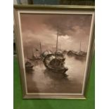 A SIGNED AND FRAMED OIL ON CANVAS OF CHINESE JUNKS ON THE RIVER