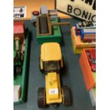 A YELLOW WOODEN TRACTOR WITH PLASTIC CAB, WOODEN TRAILER, FLAT ROLLER AND A WOODEN LAND ROVER