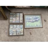 TWO FRAMED SETS OF CIGARETTE CARDS AND A FRAMED PHOTO OF AN AVRO LANCASTER BOMBER