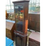 A MAHOGANY CORNER CABINET WITH LOWER DOOR AND UPPER GLAZED DOOR