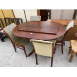 A MORGAN FURNITURE MAHOGANY EXTENDING PEDESTAL DINING TABLE AND FOUR BUTTON-BACK CHAIRS