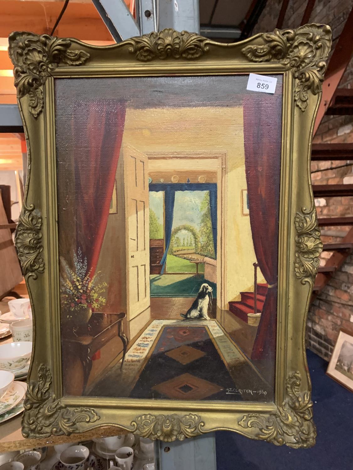 A FRAMED OIL ON BOARD OF A DOG WAITING FOR HIS WALK, SIGNED