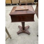 A 19TH CENTURY MAHOGANY SARCOPHAGUS SHAPED TEAPOT WITH FOOUR LIDDED CANISTERS