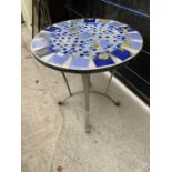 A CIRCULAR PATIO TABLE WITH MOSIAC TOP, ON METAL BASE, 28" DIAMETER