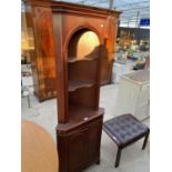 A MAHOGANY CORNER CABINET WITH LOWER DOOR AND UPPER SHELVING