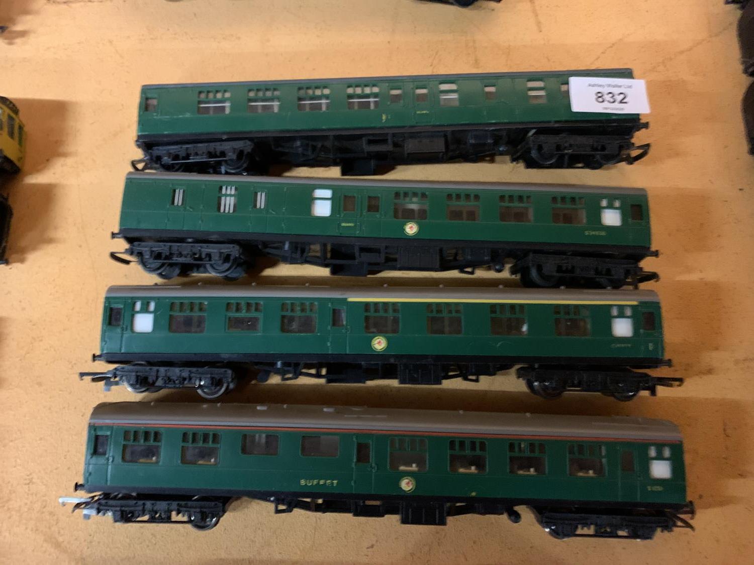 FOUR GREEN PASSENGER CARRIAGES TO INCLUDE A BUFFET CART ETC - Image 2 of 2