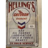 A METAL 'HELLINGS CHEVRON GASOLINE' SIGN