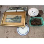 A SET OF VINTAGE KITCHEN WEIGH SCALES AND WEIGHTS, A WALL CLOCK AND THREE LARGE PRINTS