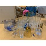 AN ASSORTMENT OF GLASSWARE TO INCLUDE TWO COMMEMORATIVE GLASS BELLS