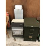 A VINTAGE RONEO VICKER TWO DRAWER FILING CABINET WITH KEY, A GAS HEATER AND A VINTAGE IRONING BOARD