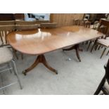 A REGENCY STYLE MAHOGANY TWIN PEDESTAL DINING TABLE, 90x36" FULLY OPEN