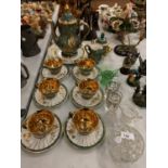 AN ASSORTMENT OF GLASS AND CERAMIC WARE TO INCLUDE A GREEN AND GOLD TEA SERVICE ETC