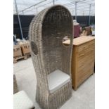 A TALL WICKER PORTERS HALL STYLE CHAIR, 29" WIDE, 71.5" TALL