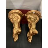 A PAIR OF GILT PLASTER CHERUB WALL SCONCES