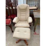 A STRESSLESS STYLE SWIVEL LEATHER ARMCHAIR AND FOOTSTOOL