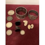 TWO HALLMARKED SILVER NAPKIN RINGS, VARIOUS COINAGE AND CUFF LINKS