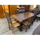 AN OAK REFECTORY STYLE DINING TABLE WITH FOUR OAK DING CHAIRS WITH RUSH SEATS AND TWO MATCHING