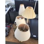 THREE BRASS TABLE LAMPS, FURTHER METAL LAMP AND FUTHER GINGHAM SHADED LAMP, BELIEVED IN WORKING