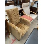 THREE ITEMS - A 1940s ARMCHAIR, A GILDED CREAM FOOTSTOOL AND A MODERN BENTWOOD ARMCHAIR